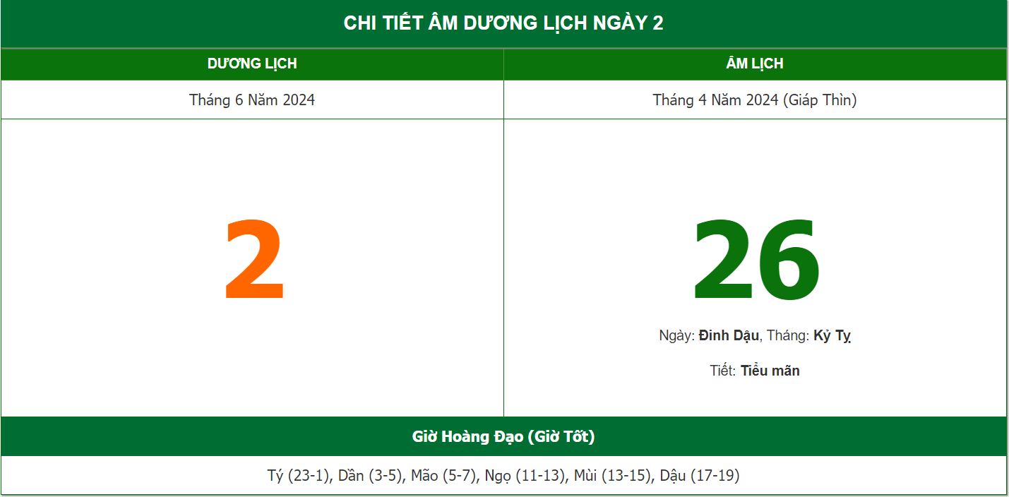 Ngày đẹp hôm nay 2/6/2024, tức ngày 26/4 âm lịch